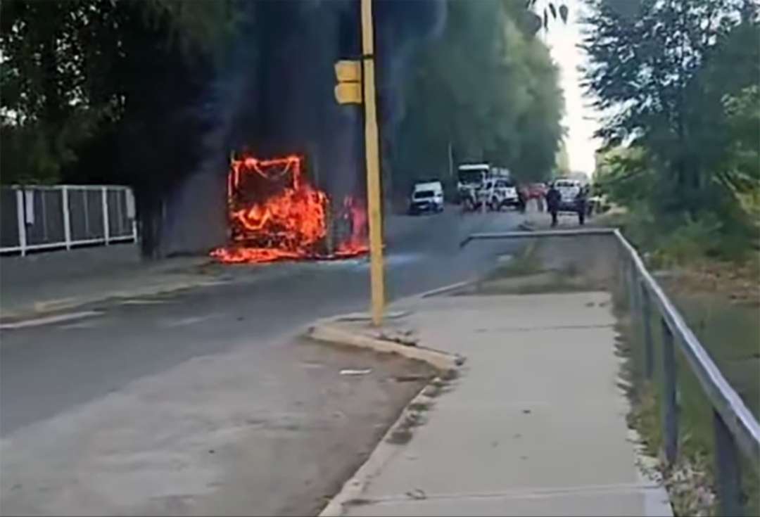 Impactante incendio: colectivo ardió frente a una escuela en Roca